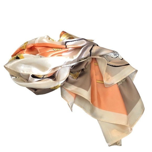 M.O.S.I Silky Square Vintage Scarf Cameo Women Peach Taupe Cream Sz. 35X35” - Picture 5 of 8
